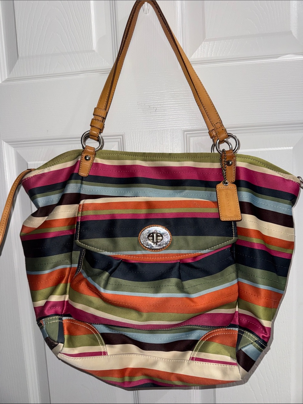 Coach Legacy Large Multicolor Striped Tote Bag - Tan Handles